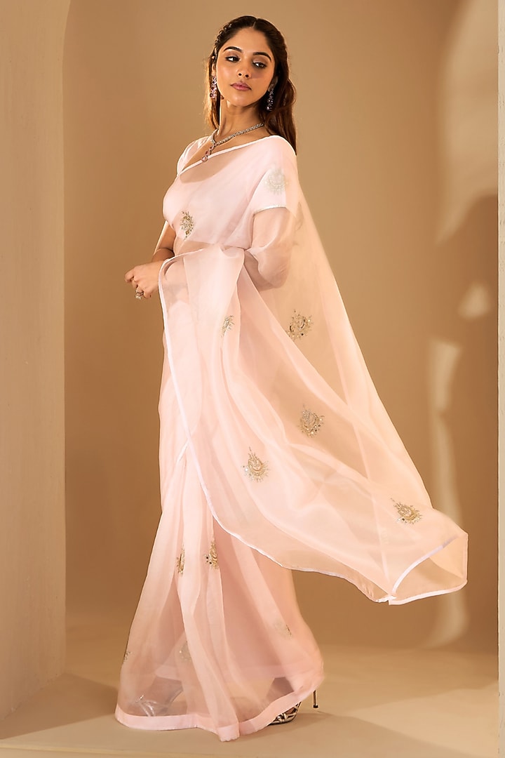 Powder Pink Silk Organza Zari Embroidered Party Wear Saree Set by RoohbyRidhimaa at Pernia's Pop Up Shop