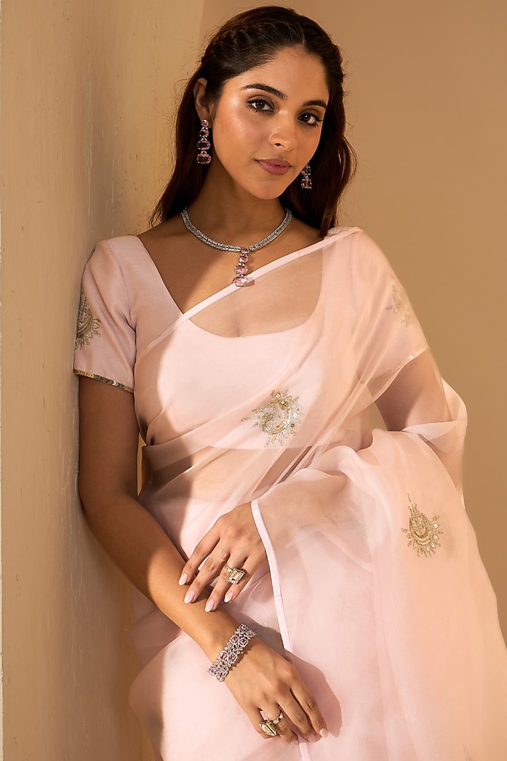 Powder Pink Silk Organza Zari Embroidered Party Wear Saree Set by RoohbyRidhimaa at Pernia's Pop Up Shop