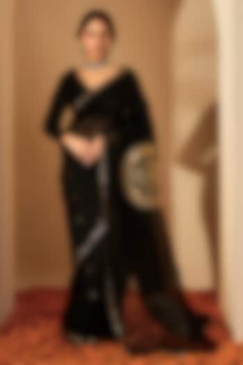 Black Silk Organza Embroidered Wedding Saree Set by RoohbyRidhimaa at Pernia's Pop Up Shop