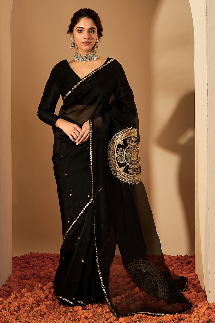 Black Silk Organza Embroidered Wedding Saree Set by RoohbyRidhimaa at Pernia's Pop Up Shop