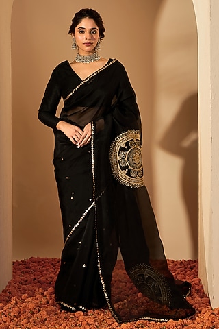 Black Silk Organza Embroidered Saree Set by RoohbyRidhimaa
