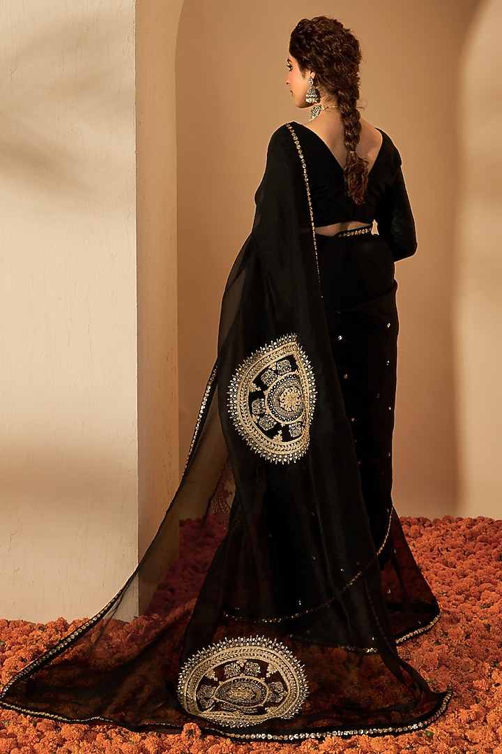 Black Silk Organza Embroidered Wedding Saree Set by RoohbyRidhimaa at Pernia's Pop Up Shop