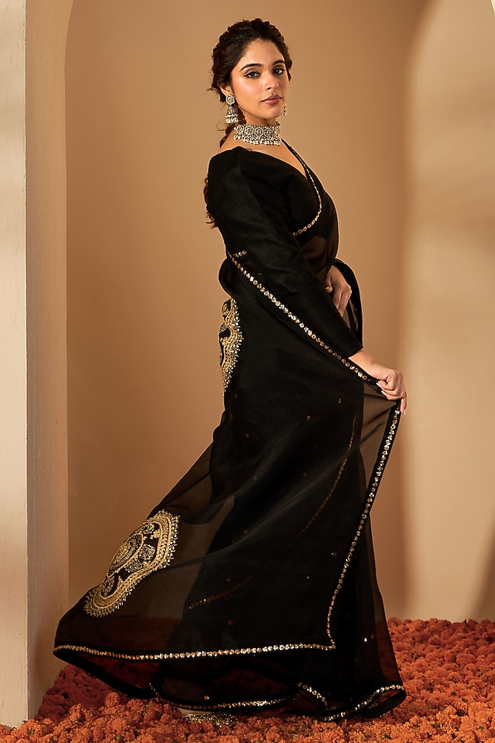 Black Silk Organza Embroidered Wedding Saree Set by RoohbyRidhimaa at Pernia's Pop Up Shop
