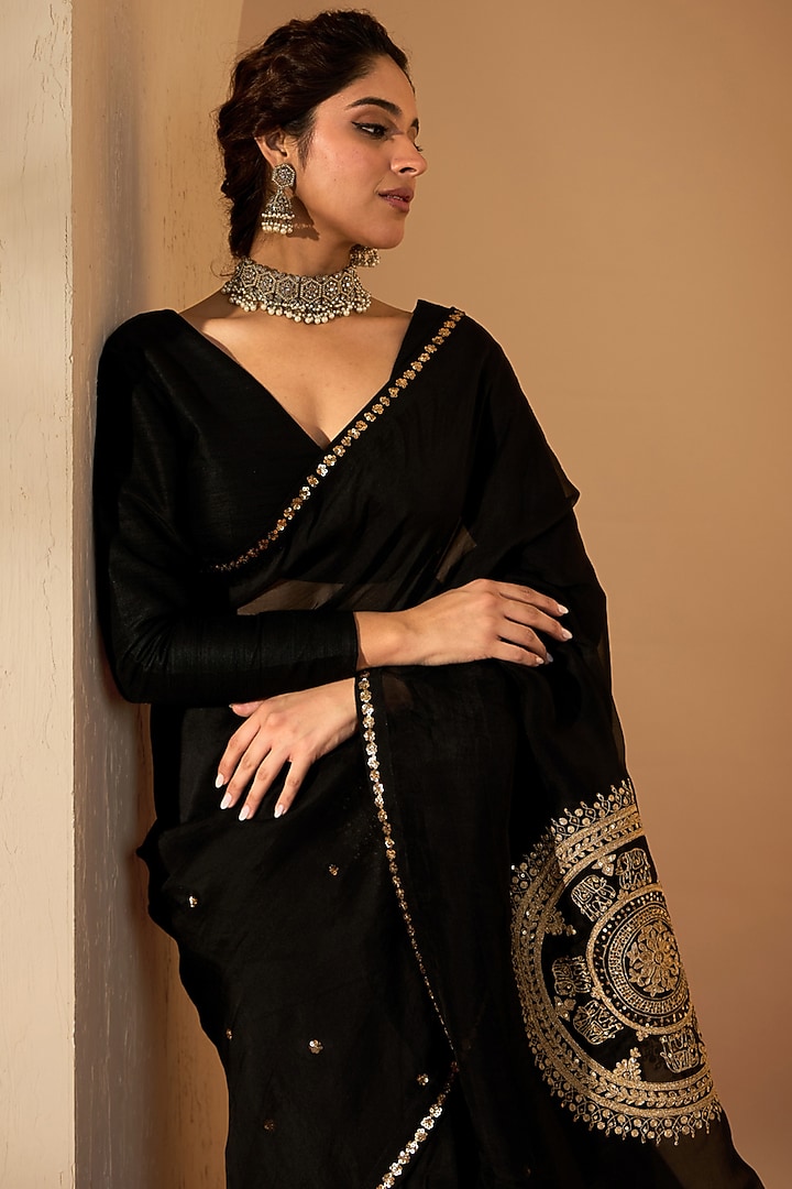Black Silk Organza Embroidered Wedding Saree Set by RoohbyRidhimaa at Pernia's Pop Up Shop