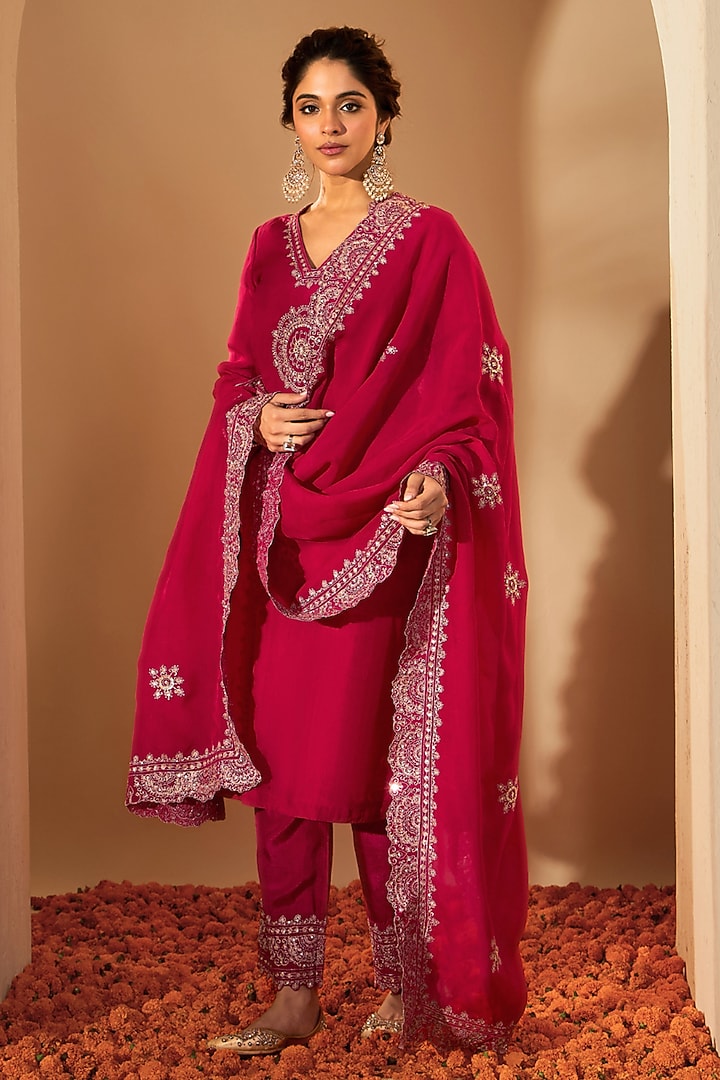 Fuchsia Pink Silk Organza Zari Embroidered Kurta Set by RoohbyRidhimaa at Pernia's Pop Up Shop