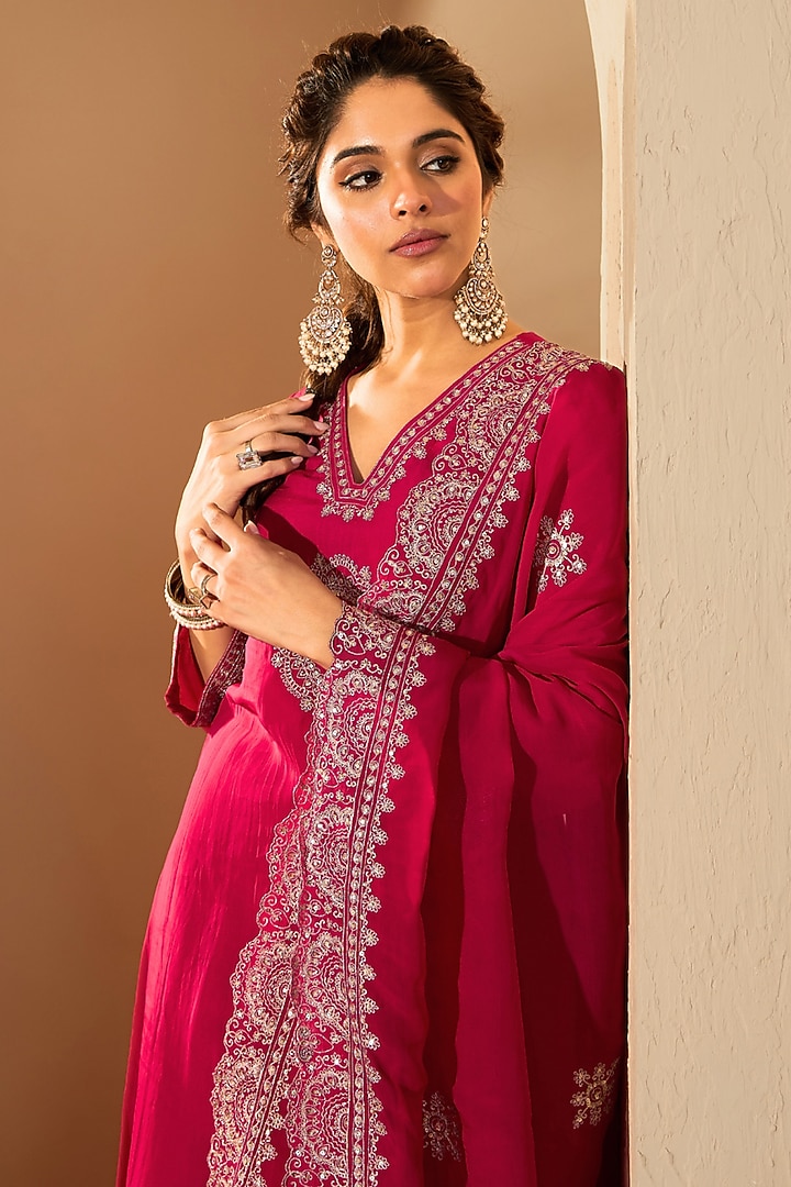 Fuchsia Pink Silk Organza Zari Embroidered Kurta Set by RoohbyRidhimaa at Pernia's Pop Up Shop