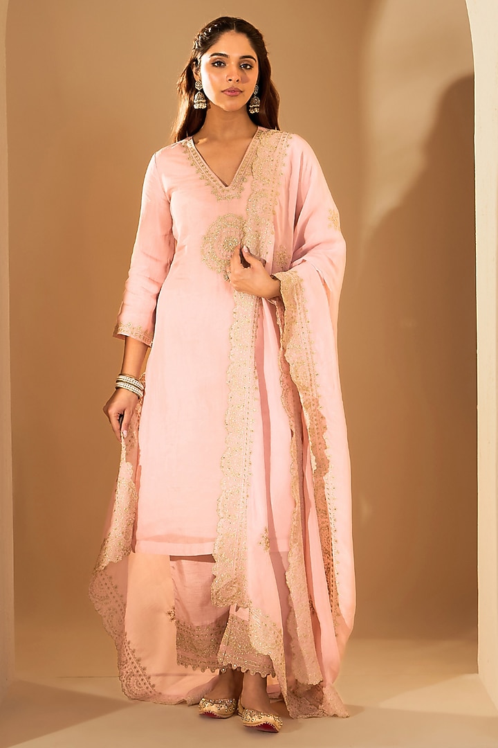 Pastel Pink Silk Organza Zari Embroidered Kurta Set by RoohbyRidhimaa at Pernia's Pop Up Shop