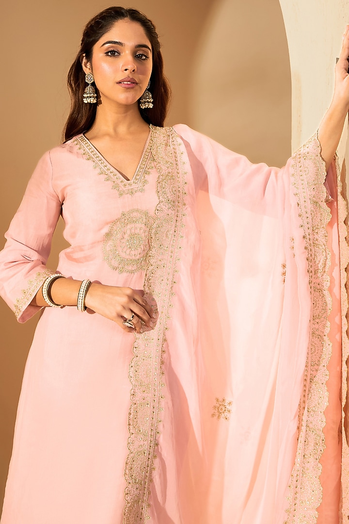 Pastel Pink Silk Organza Zari Embroidered Kurta Set by RoohbyRidhimaa at Pernia's Pop Up Shop