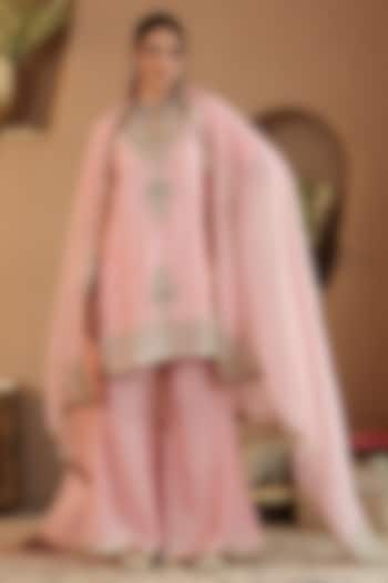 Powder Pink Viscose Raw Silk Zardosi Embroidered Kurta Set by RoohbyRidhimaa at Pernia's Pop Up Shop