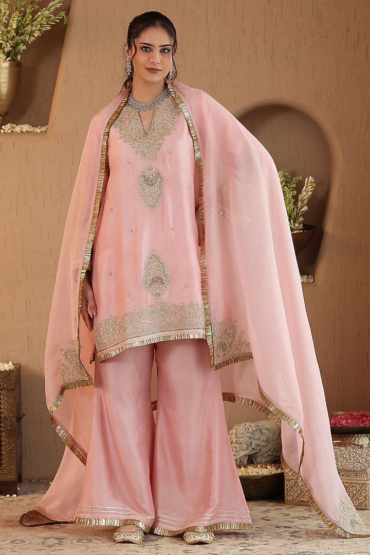 Powder Pink Viscose Raw Silk Zardosi Embroidered Kurta Set by RoohbyRidhimaa at Pernia's Pop Up Shop