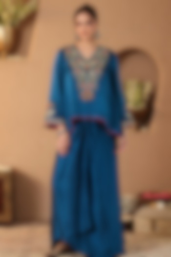 Turquoise Blue Silk Satin Dhoti Skirt Set by RoohbyRidhimaa at Pernia's Pop Up Shop