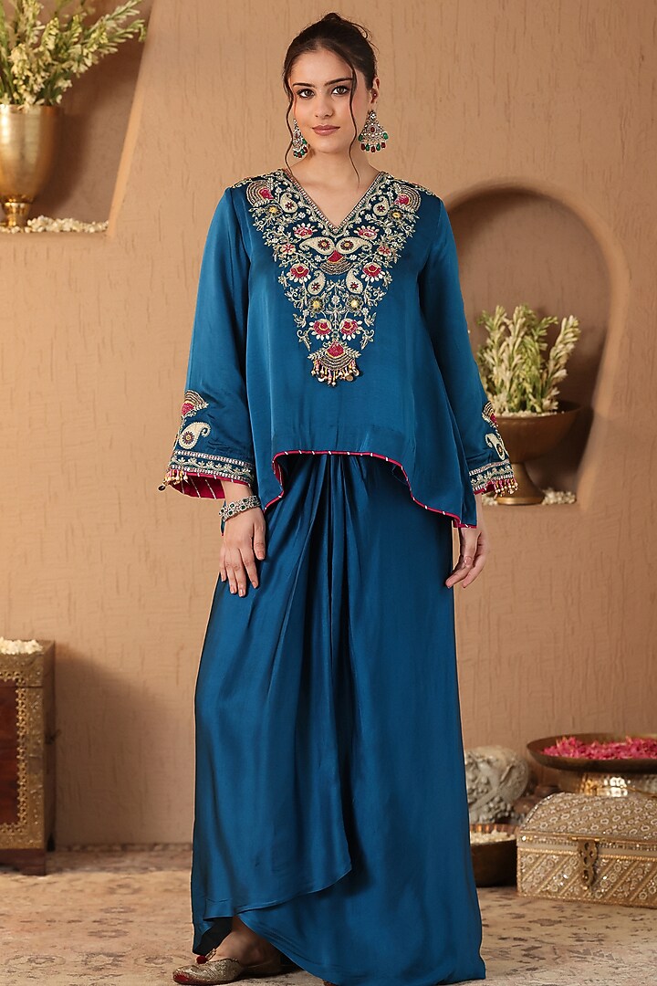 Turquoise Blue Silk Satin Dhoti Skirt Set by RoohbyRidhimaa at Pernia's Pop Up Shop