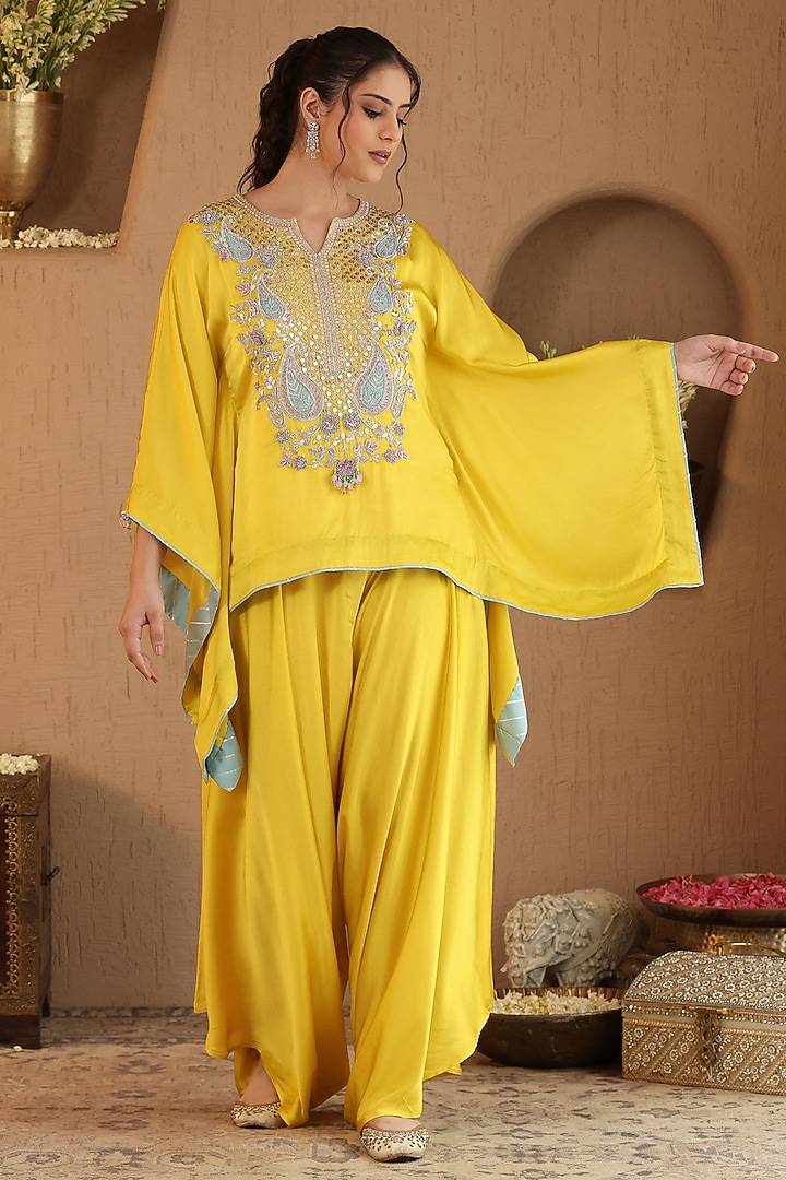 Yellow Silk Satin Drape Pants Set by RoohbyRidhimaa at Pernia's Pop Up Shop