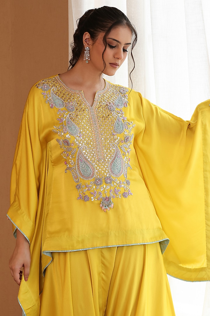 Yellow Silk Satin Drape Pants Set by RoohbyRidhimaa at Pernia's Pop Up Shop