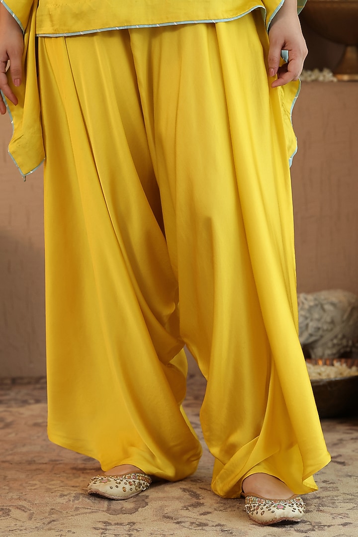 Yellow Silk Satin Drape Pants Set by RoohbyRidhimaa at Pernia's Pop Up Shop