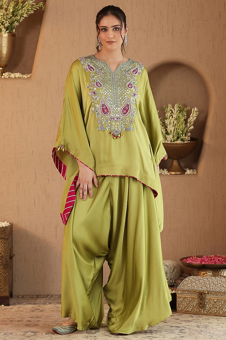 Olive Green Silk Satin Drape Pants Set by RoohbyRidhimaa at Pernia's Pop Up Shop