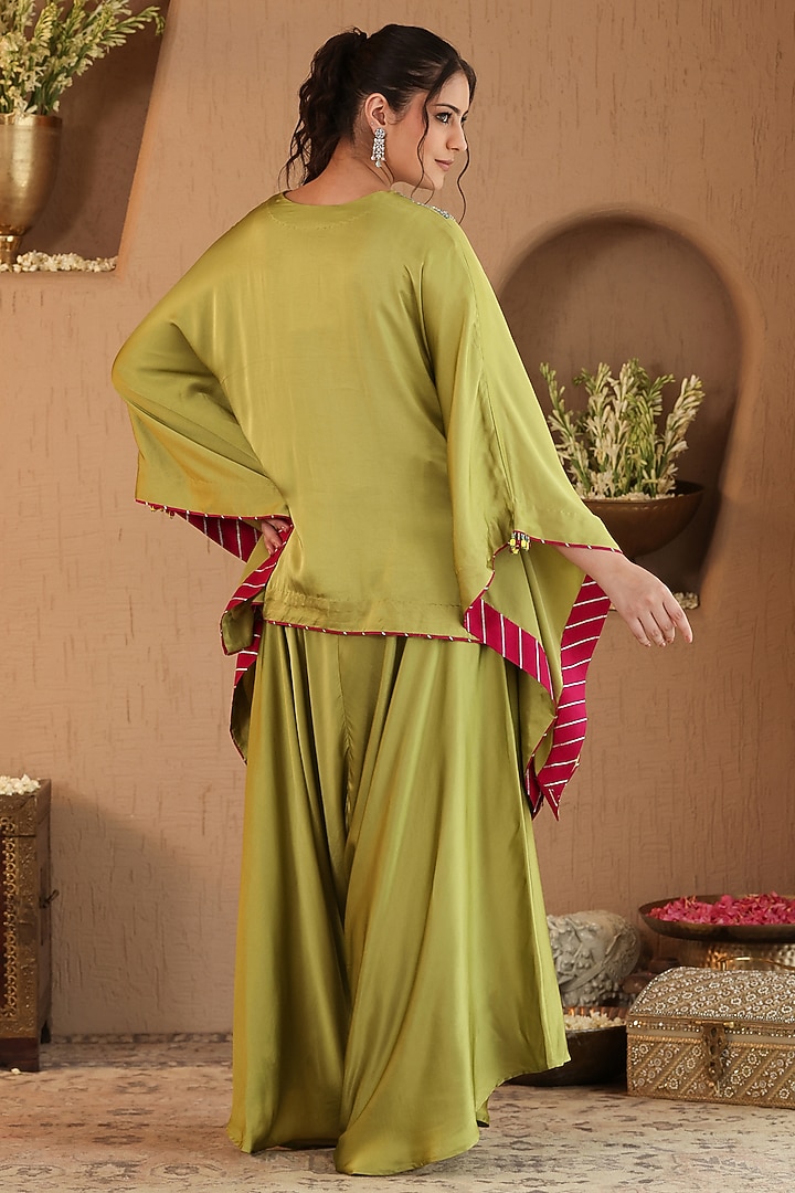 Olive Green Silk Satin Drape Pants Set by RoohbyRidhimaa at Pernia's Pop Up Shop