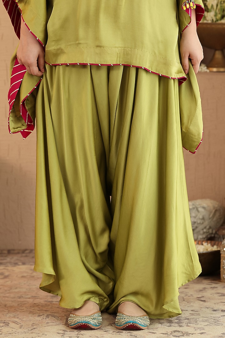 Olive Green Silk Satin Drape Pants Set by RoohbyRidhimaa at Pernia's Pop Up Shop