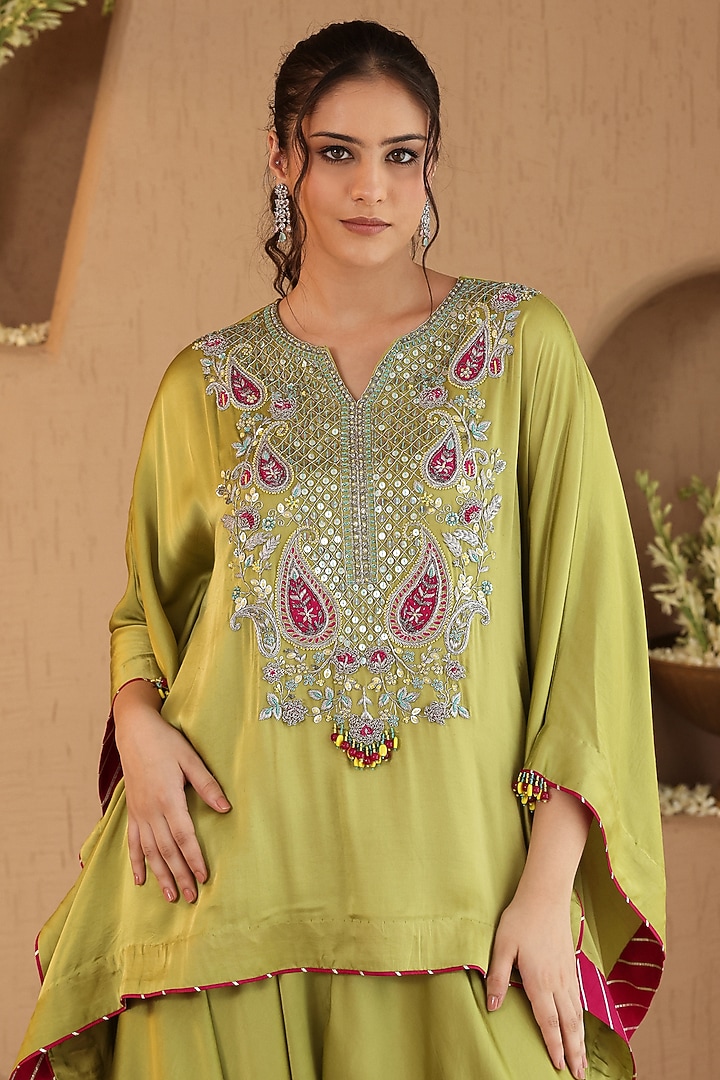 Olive Green Silk Satin Drape Pants Set by RoohbyRidhimaa at Pernia's Pop Up Shop