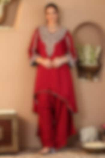 Deep Red Silk Satin Zardosi Embroidered Kurta Set by RoohbyRidhimaa at Pernia's Pop Up Shop