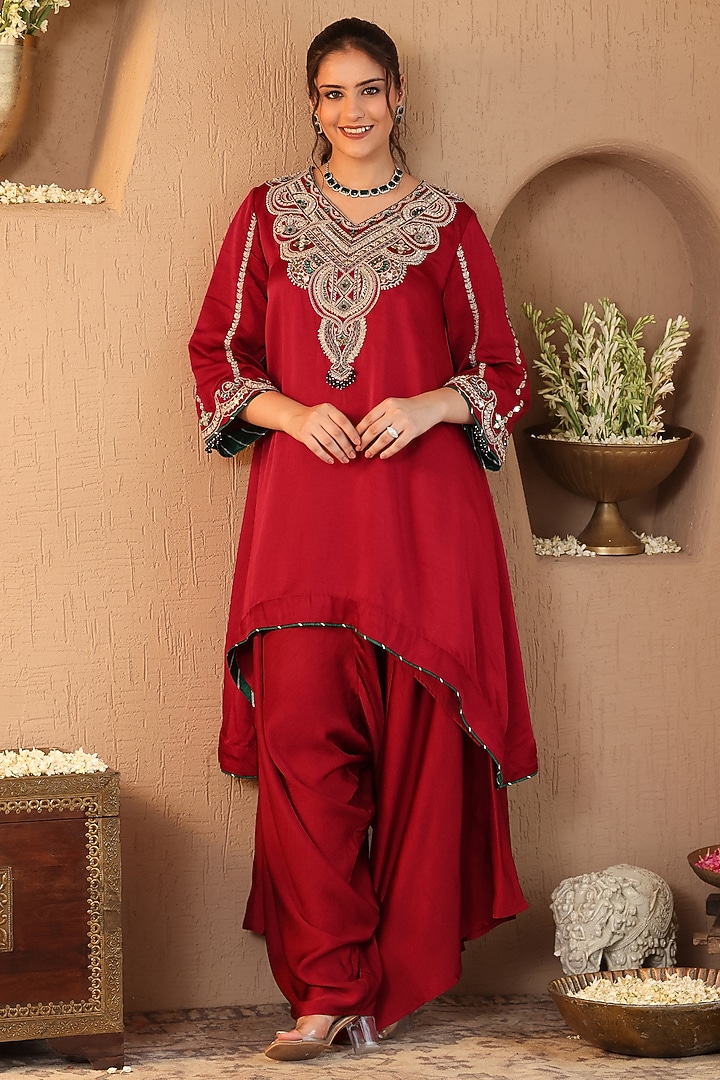 Deep Red Silk Satin Zardosi Embroidered Kurta Set by RoohbyRidhimaa at Pernia's Pop Up Shop