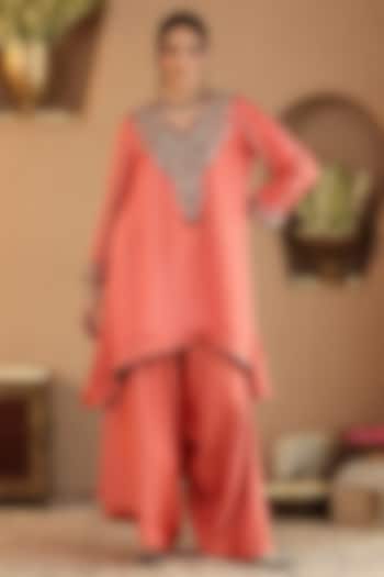 Rust Silk Satin Zardosi Embroidered Kurta Set by RoohbyRidhimaa at Pernia's Pop Up Shop