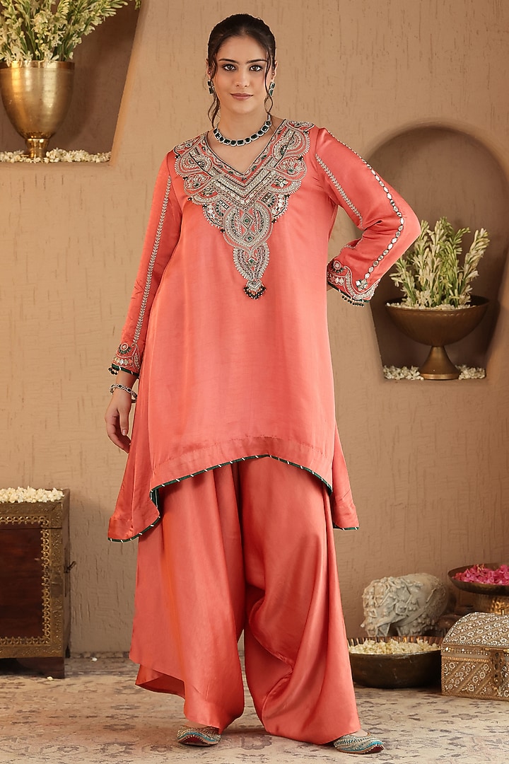 Rust Silk Satin Zardosi Embroidered Kurta Set by RoohbyRidhimaa at Pernia's Pop Up Shop