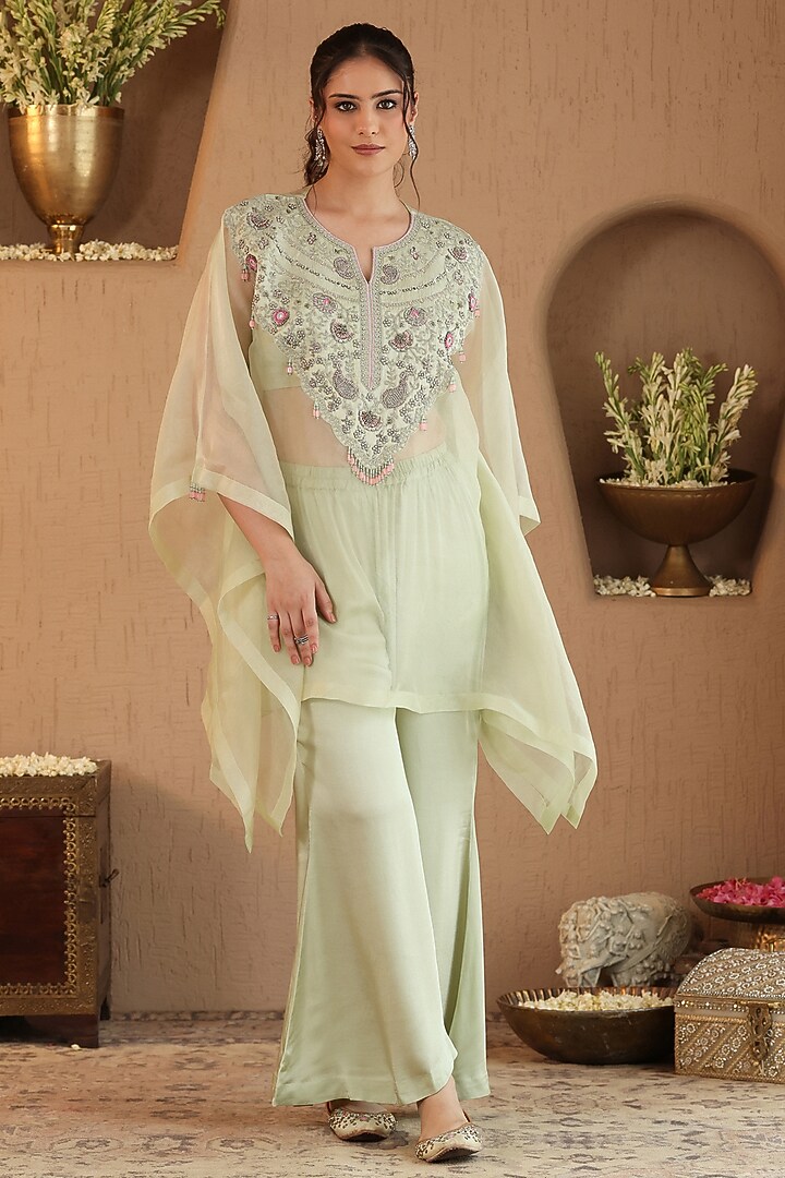Pastel Green Silk Satin & Organza Zardosi Embroidered Co-ord Set by RoohbyRidhimaa at Pernia's Pop Up Shop