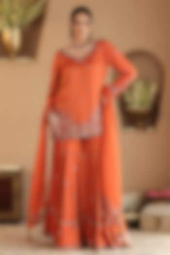 Rust Silk Satin Floral Hand Embroidered Wedding Sharara Set by RoohbyRidhimaa at Pernia's Pop Up Shop
