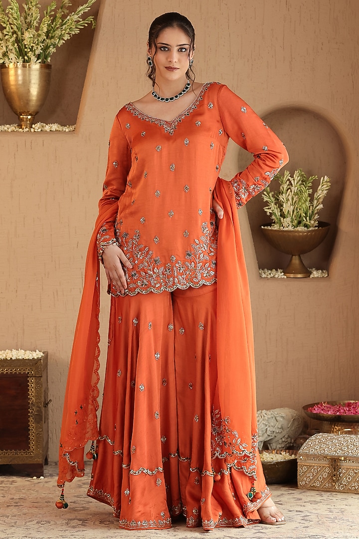 Rust Silk Satin Floral Hand Embroidered Wedding Sharara Set by RoohbyRidhimaa at Pernia's Pop Up Shop