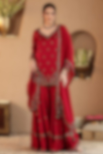 Deep Red Silk Satin Floral Hand Embroidered Wedding Sharara Set by RoohbyRidhimaa at Pernia's Pop Up Shop