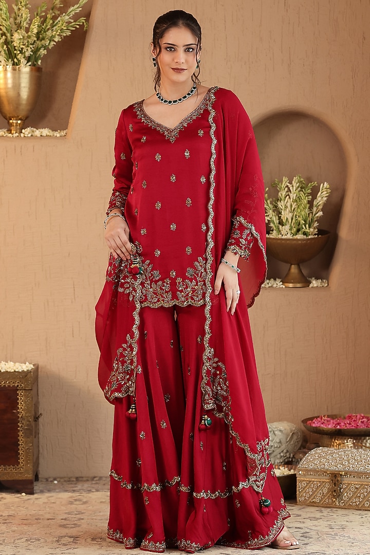 Deep Red Silk Satin Floral Hand Embroidered Wedding Sharara Set by RoohbyRidhimaa at Pernia's Pop Up Shop