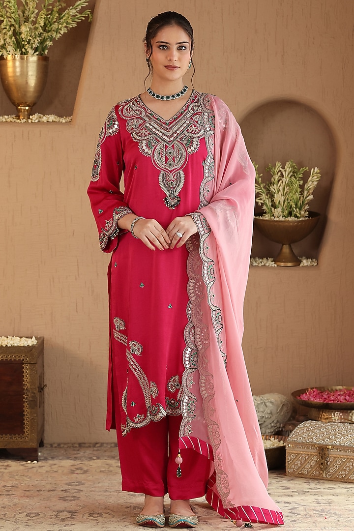 Fuchsia Pink Silk Satin Zardosi Embroidered Kurta Set by RoohbyRidhimaa at Pernia's Pop Up Shop