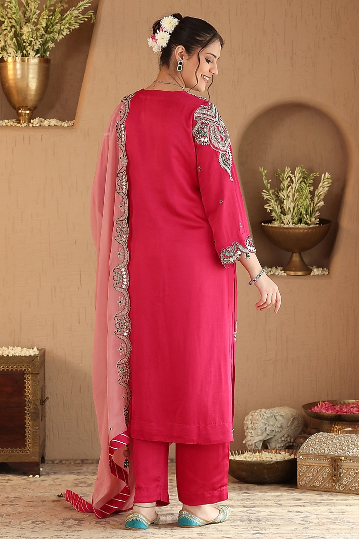 Fuchsia Pink Silk Satin Zardosi Embroidered Kurta Set by RoohbyRidhimaa at Pernia's Pop Up Shop