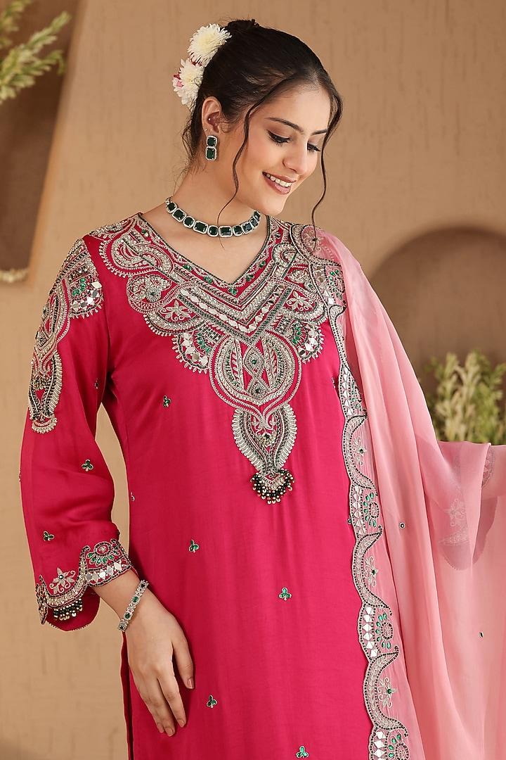 Fuchsia Pink Silk Satin Zardosi Embroidered Kurta Set by RoohbyRidhimaa at Pernia's Pop Up Shop