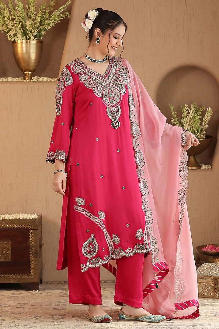 Fuchsia Pink Silk Satin Zardosi Embroidered Kurta Set by RoohbyRidhimaa at Pernia's Pop Up Shop