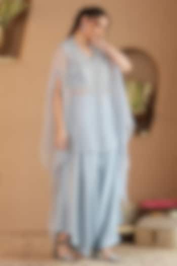 Powder Blue Silk Satin & Pure Chiffon Zardosi Embroidered Co-ord Set by RoohbyRidhimaa at Pernia's Pop Up Shop