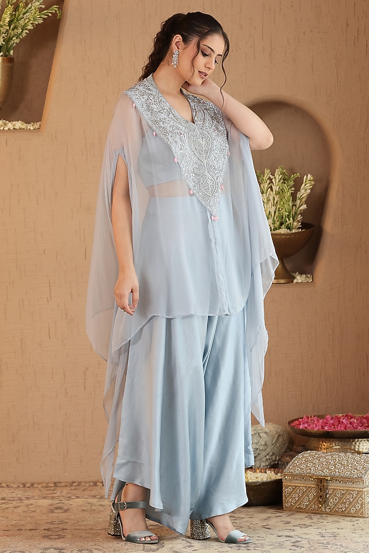 Powder Blue Silk Satin & Pure Chiffon Zardosi Embroidered Co-ord Set by RoohbyRidhimaa at Pernia's Pop Up Shop