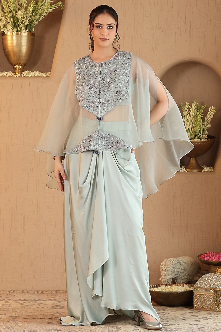 Soft Mint Green Silk Satin Dhoti Skirt Set by RoohbyRidhimaa at Pernia's Pop Up Shop