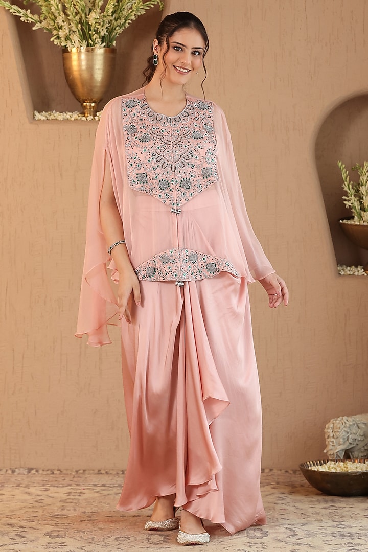 Blush Pink Silk Satin Dhoti Skirt Set by RoohbyRidhimaa at Pernia's Pop Up Shop