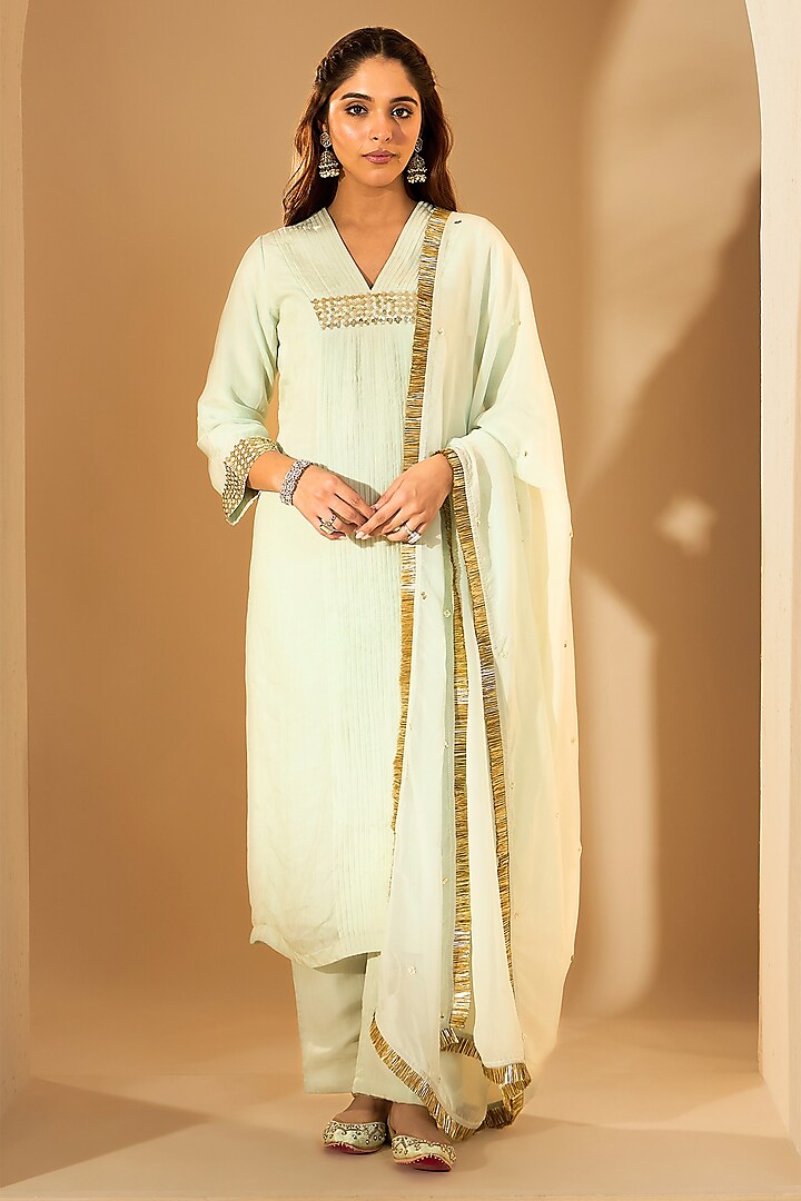 Pastel Green Soft Chiffon Sequins Hand Embroidered Kurta Set by Rooh By Ridhimaa at Pernia's Pop Up Shop