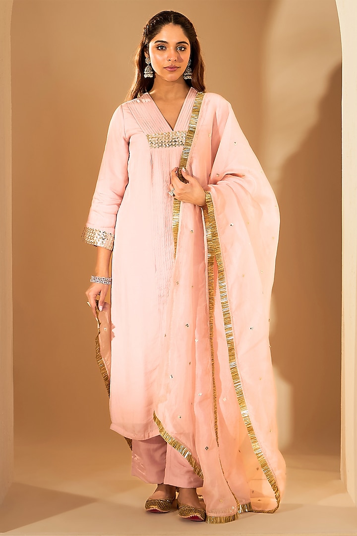 Pastel Pink Soft Chiffon Sequins Hand Embroidered Kurta Set by Rooh By Ridhimaa at Pernia's Pop Up Shop