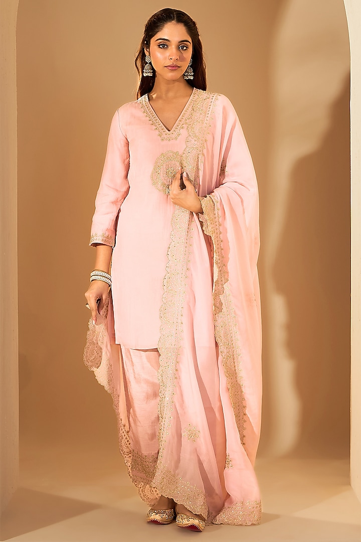 Pastel Pink Pure Silk Organza Zari Embroidered Kurta Set by Rooh By Ridhimaa at Pernia's Pop Up Shop