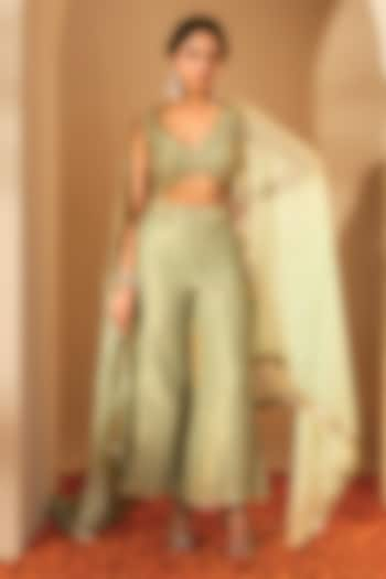 Sage Green Silk Chanderi & Silk Organza Pant Set by Rooh By Ridhimaa at Pernia's Pop Up Shop