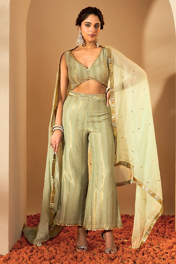 Sage Green Silk Chanderi & Silk Organza Pant Set by Rooh By Ridhimaa at Pernia's Pop Up Shop