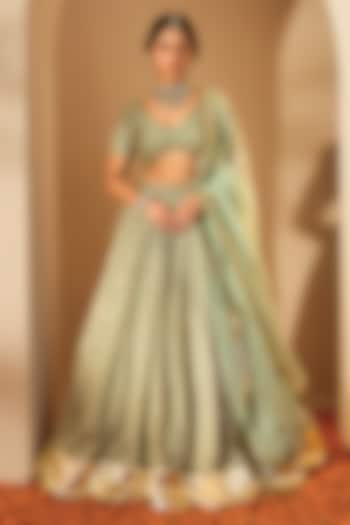 Sage Green Silk Chanderi & Silk Organza Sequins Hand Embroidered Wedding Lehenga Set by Rooh By Ridhimaa at Pernia's Pop Up Shop