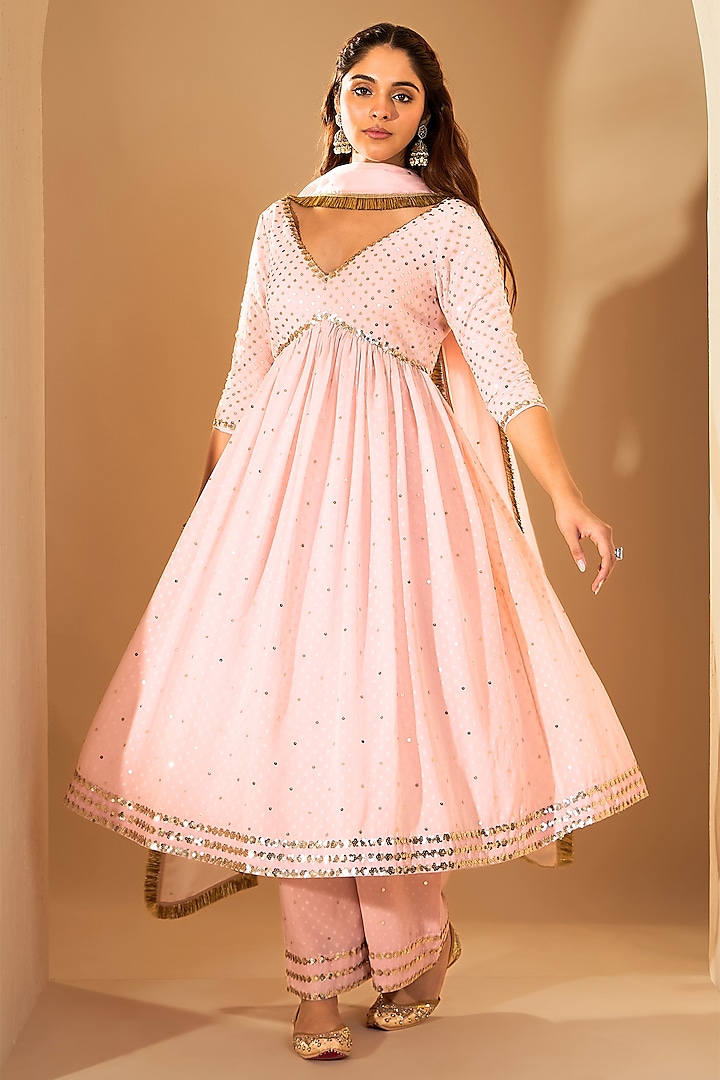 Pastel Pink Fine Georgette & Silk Organza Hand Embroidered Anarkali Set by Rooh By Ridhimaa at Pernia's Pop Up Shop