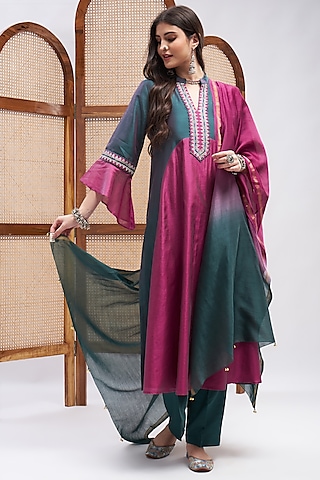 Turquoise & Magenta Silk Chanderi Resham Embroidered Kurta Set by RoohbyRidhimaa