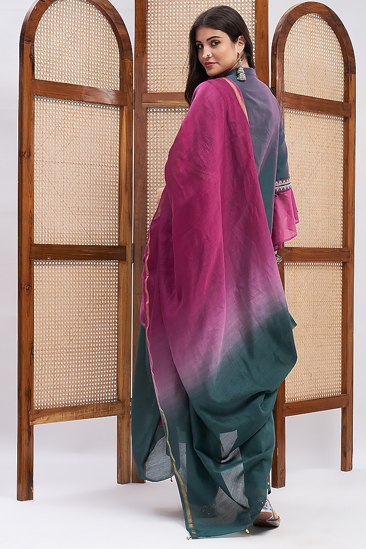 Turquoise & Magenta Silk Chanderi Resham Embroidered Kurta Set by RoohbyRidhimaa at Pernia's Pop Up Shop