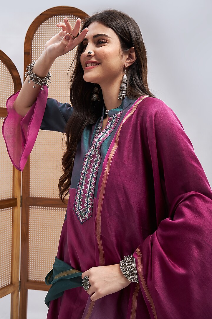 Turquoise & Magenta Silk Chanderi Resham Embroidered Kurta Set by RoohbyRidhimaa at Pernia's Pop Up Shop